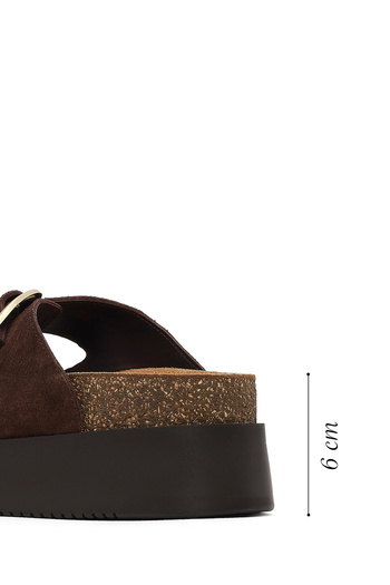Derimod Women's Brown Double Buckle Thick Sole Suede Leather Slippers 25Sfd132810