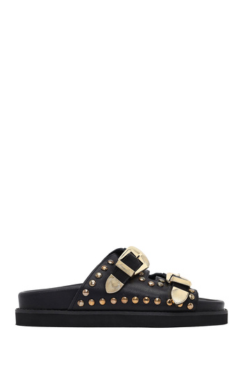 Derimod Women's Black Buckle Studded Leather Slippers 25Sfd220218