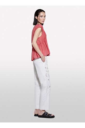 Sisley Women's Off-White Cotton Embroidered Hidden Zipper Relax Fit Trousers