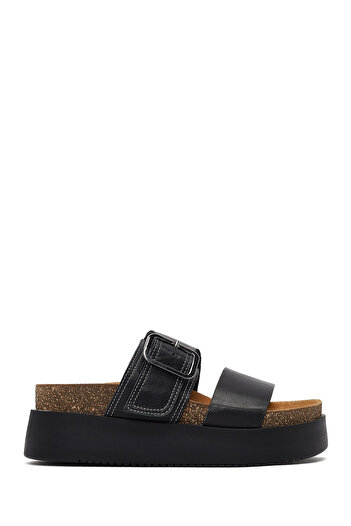 Derimod Women's Black Buckle Thick Soled Leather Slippers 25Sfd132918