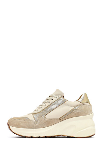 Derimod Women's Beige Lace-Up Zipper Detailed Wedge Heeled Leather Sneaker 25Afd370514