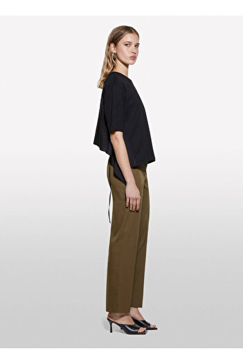 Sisley Women's Dark Khaki Cotton Blend Side Tie High Waist Cigarette Pants