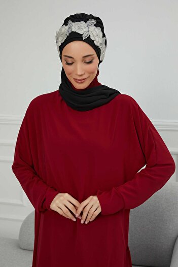 Aisha's Design Έτοιμο τουρμπάνι από σιφόν με αξεσουάρ λουλουδιών, ht-103, ht-103, μαύρο-ασημί