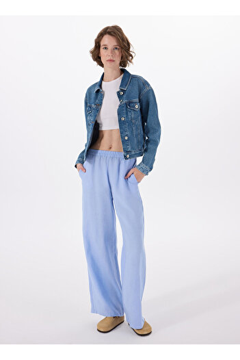 Sisley Women's Light Blue 100% Linen Elastic Waist Pleated Front Wide Leg Pants