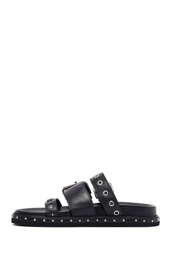 Derimod Women's Black Buckle Leather Slippers 25Sfd270018