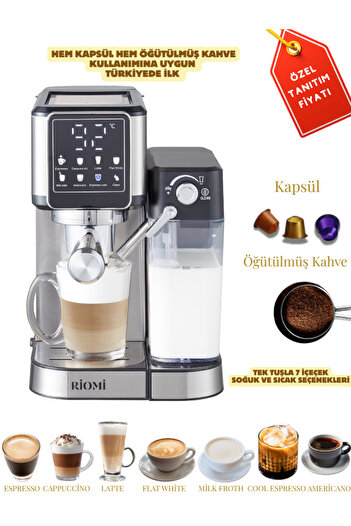 RİOMİ Barista Otomatik 7 Çeşit 20 Bar Basınçlı Süt Köpürtücülü Espresso Makinesi