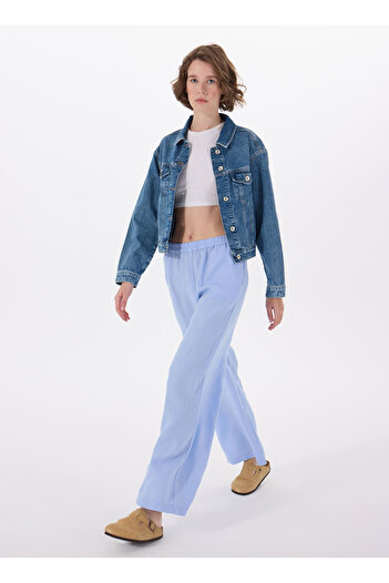 Sisley Women's Light Blue 100% Linen Elastic Waist Pleated Front Wide Leg Pants