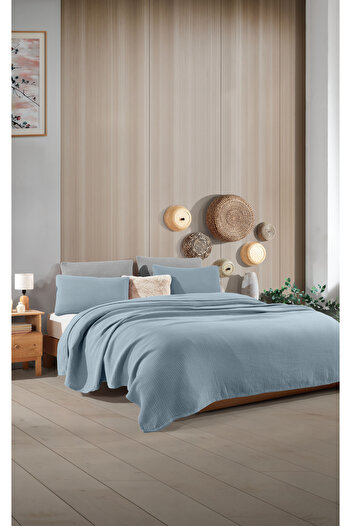 destinyhometex Blue Double 240x250cm Bedspread/2 Pieces 50x70cm Pillow 4 Layers Multi Muslin 100% Cotton