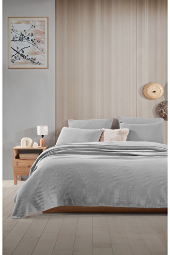 destinyhometex Light Gray Single Without Fringe 180 X 240cm Pique/Bedspread/1 Piece 50X70Cm Pillow 4 Layers 100% Cotton