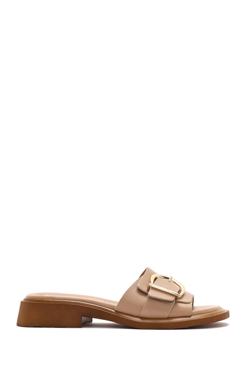 Derimod Women's Beige Buckle Leather Slippers 25Sfd 361418