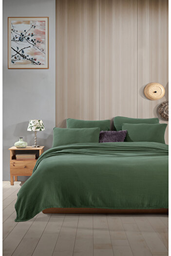 destinyhometex Forest Green Single Without Fringe 180 X 240 Pique/Bedspread/1 Piece 50X70 Pillow 4 Layers 100% Cotton