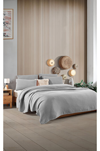 destinyhometex Light Gray Single Without Fringe 180 X 240cm Pique/Bedspread/1 Piece 50X70Cm Pillow 4 Layers 100% Cotton
