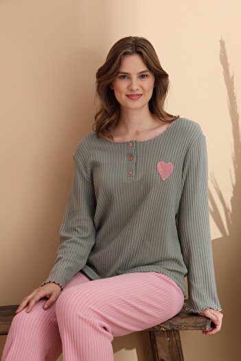 ELİTOL Khaki Report Waffle Knitted Long Sleeve Women's Pajama Set