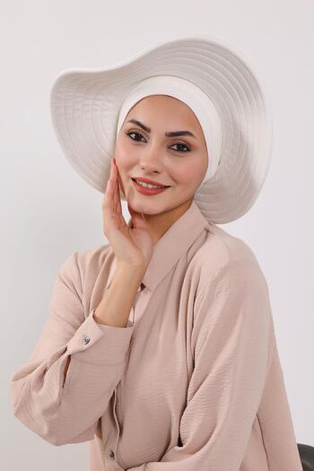 Aisha's Design Χτενισμένο βαμβακερό τουρμπάν με αποσπώμενο καπέλο με φιόγκο στην πλάτη, S-4, κρεμ