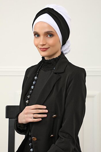 Ayşe Tasarım Double Color Design Chiffon Ready Turban,Ht-45,Off White - Black