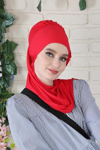 Aisha's Design Ready-Made Combed Cotton Turban with Side Ruffles, Ht-73, Red