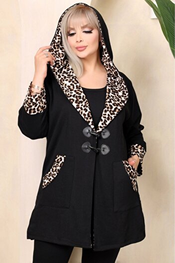 Kheos Leopard Pattern Detailed Comfortable and Flowy Cardigan with Hooded Pockets