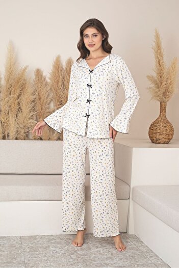 Asel Pomegranate Flower Star Patterned Bow Detailed Lycra Long Sleeve Pajama Set