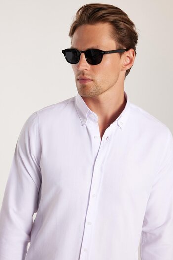 Tudors Men's slim fit long sleeve cotton oxford shirt with button-down collar - easy iron white