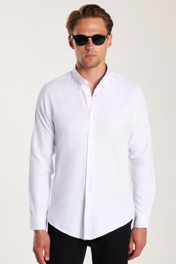 Tudors Men's slim fit long sleeve cotton oxford shirt with button-down collar - easy iron white
