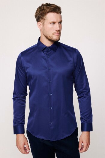 Tudors Slim Fit hosszú ujjú pamut sima férfi sötétkék ing