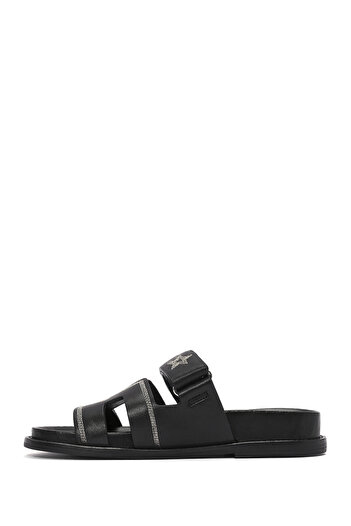Derimod Women's Black Banded Patterned Leather Slippers 25Sfd 230018