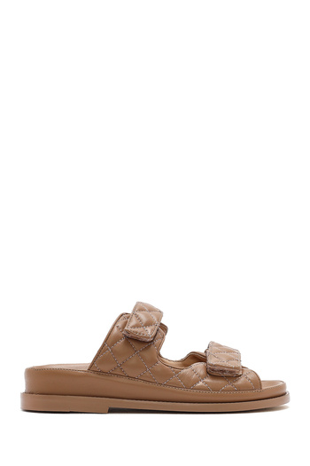 Derimod Women's Tan Banded Quilted Patterned Leather Slippers 25Sfd2301Kp
