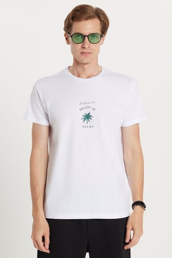 Tudors Ανδρικό T-shirt Slim Fit Slim Fit 100% βαμβακερό τυπωμένο λευκό μπλουζάκι με λαιμόκοψη