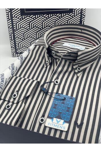 Fitmens Slim Fit Long Sleeve Lycra Striped Collar Buttoned Gift Boxed Men's Shirt Fs-003669 - Dark Gray
