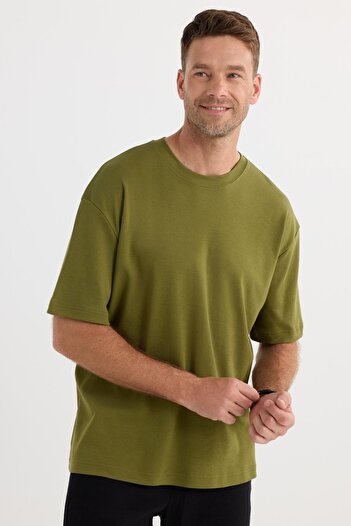 Tudors Unisex Oversize Wide Cut 100% Cotton Soft Texture Basic Crew Neck Khaki T-Shirt