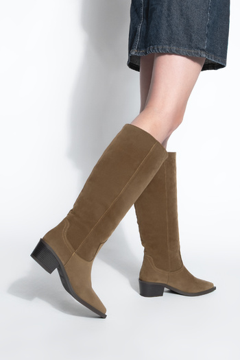 Marjin Women's Pointed Toe Cowboy Zipperless Western Boots Mivez Tan Suede
