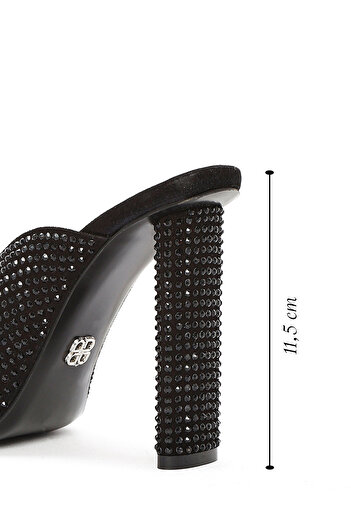 Derimod Women's Black Thick High Heels Rhinestone Leather Slippers 24Wfd1229Ts
