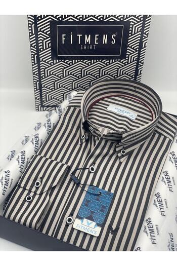 Fitmens Slim Fit Long Sleeve Lycra Striped Collar Buttoned Gift Boxed Men's Shirt Fs-003669 - Dark Gray