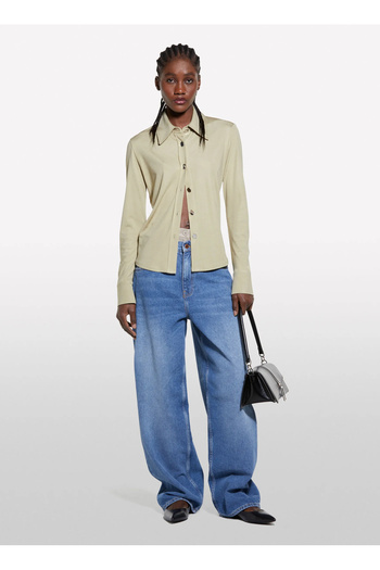 Sisley Slim Fit Classic Collar Sand γυναικείο πουκάμισο 5FNTLQ08K