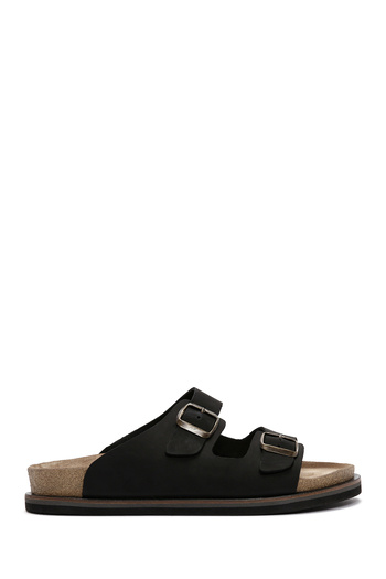 Derimod Men's Black Buckle Nubuck Leather Slippers 25Sfd6255V3