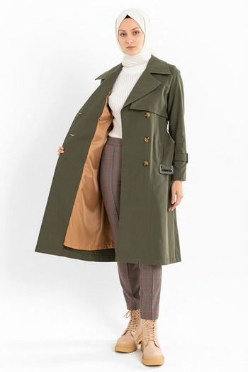 Zeneva Collection Haki - %100 Pamuk Uzun (110CM) Astarlı Kadın Tesettür Trençkot 1111-TES