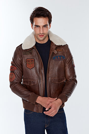 Derimod Maverick Men's Brown Embroidered Collar Fur Leather Pilot Coat 22Wgd6456L7