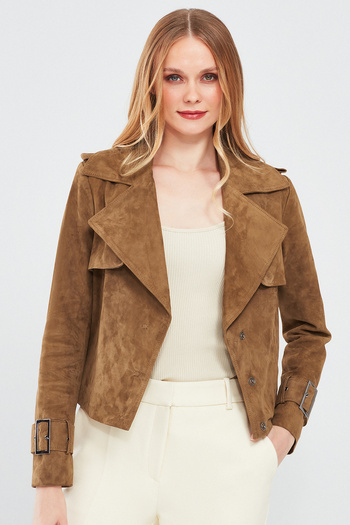Derimod Portofino Women's Mustard Suede Leather Jacket 24Sgd517110