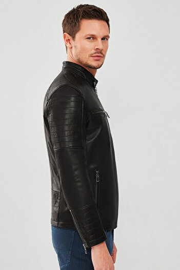 Derimod Dali Men's Black Sports Leather Jacket 22Sgm6348Ve