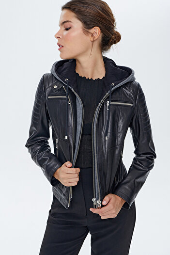Derimod Zoom Women Black Hooded Sports Leather Jacket 22Wgd5018Ve