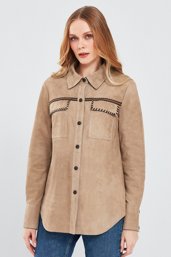 Derimod Amalfi Women Beige Shirt Style Suede Leather Jacket 24Sgd519510