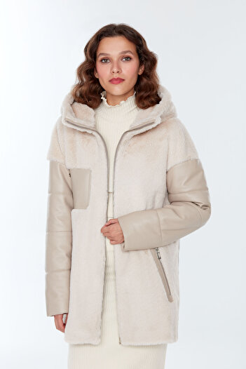 Derimod Chamonix Women's Beige Hooded Teddy Leather Coat 22Wgd5033Ff