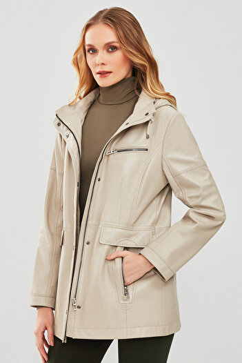 Derimod Agatha Women's Beige Hooded Long Leather Coat 23Wge5940R3