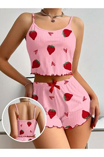 Blizard Carnation Pink Ruffled Cotton Heart Patterned Shorts Pajama Set