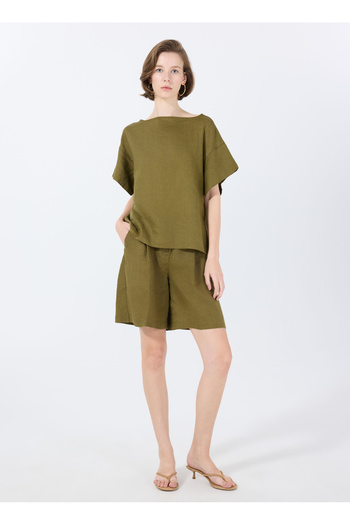 Sisley Women's Dark Khaki 100% Linen High Waist Bermuda Shorts with Pleat Detail
