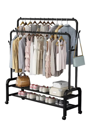 AGD Metal Clothes Organizer and Rack with Wheels, Two Bottom Shelves for Shoes and Boxes 110x57x150