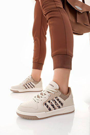 McDark Women's Beige Thermo Sole Striped Lace-Up Sneaker Shoes