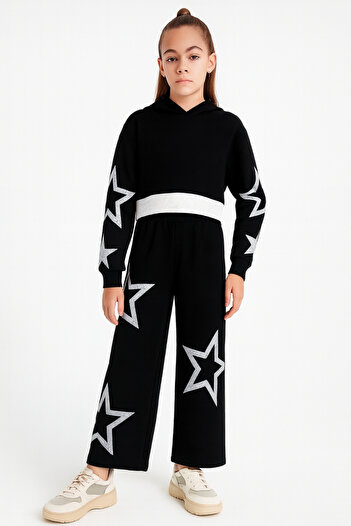 AHENGİM Girl's Star Printed Hooded Top and Bottom Set Ak13536