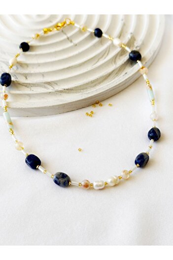 LiKESUN Real Pearl Citrine Amazonite and Sodalite Natural Stone Women's Necklace
