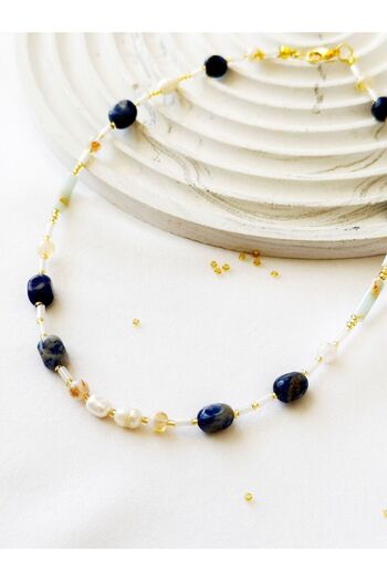 LiKESUN Real Pearl Citrine Amazonite and Sodalite Natural Stone Women's Necklace